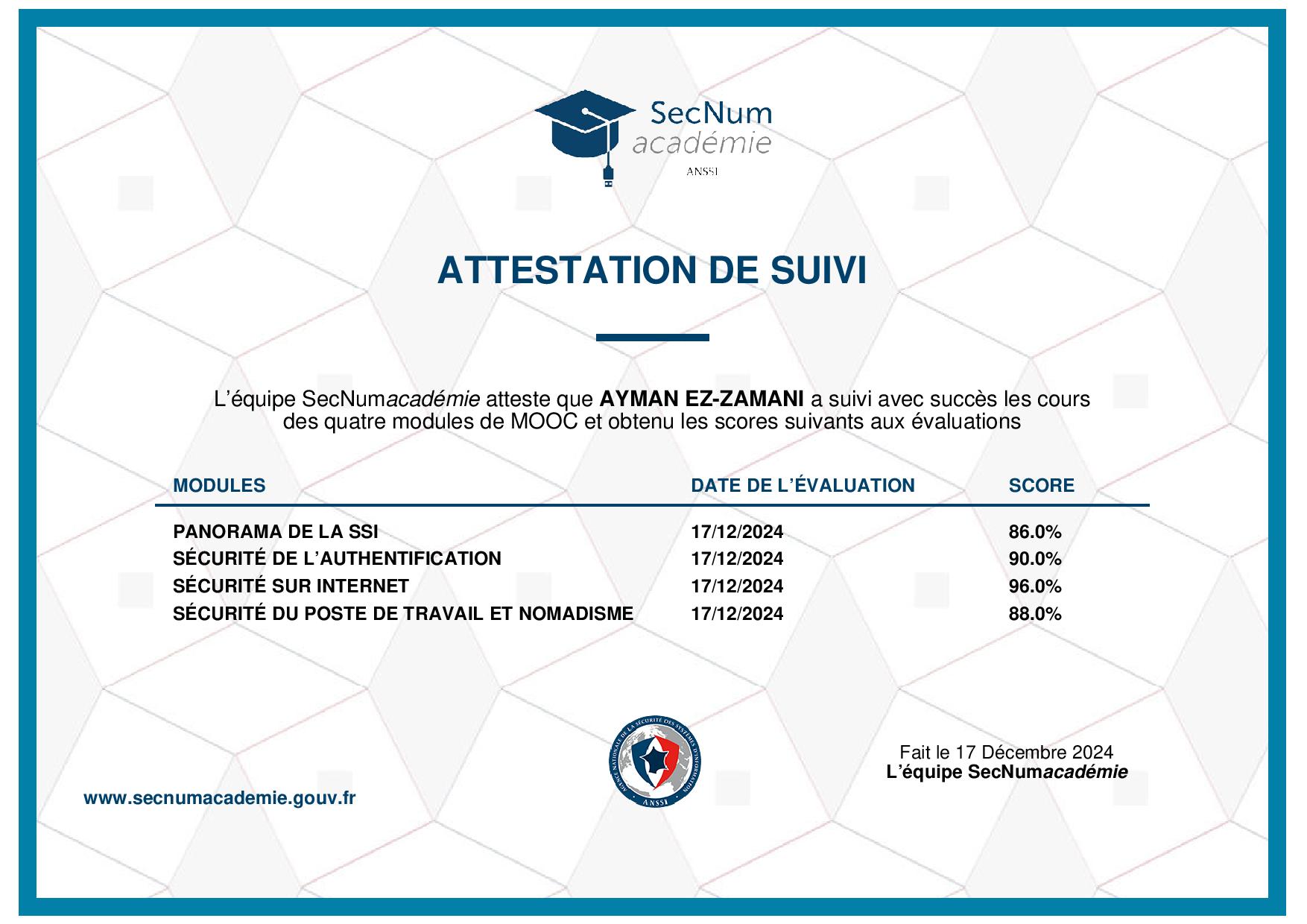 Aperçu du certificat ANSSI – MOOC SecNumAcadémie